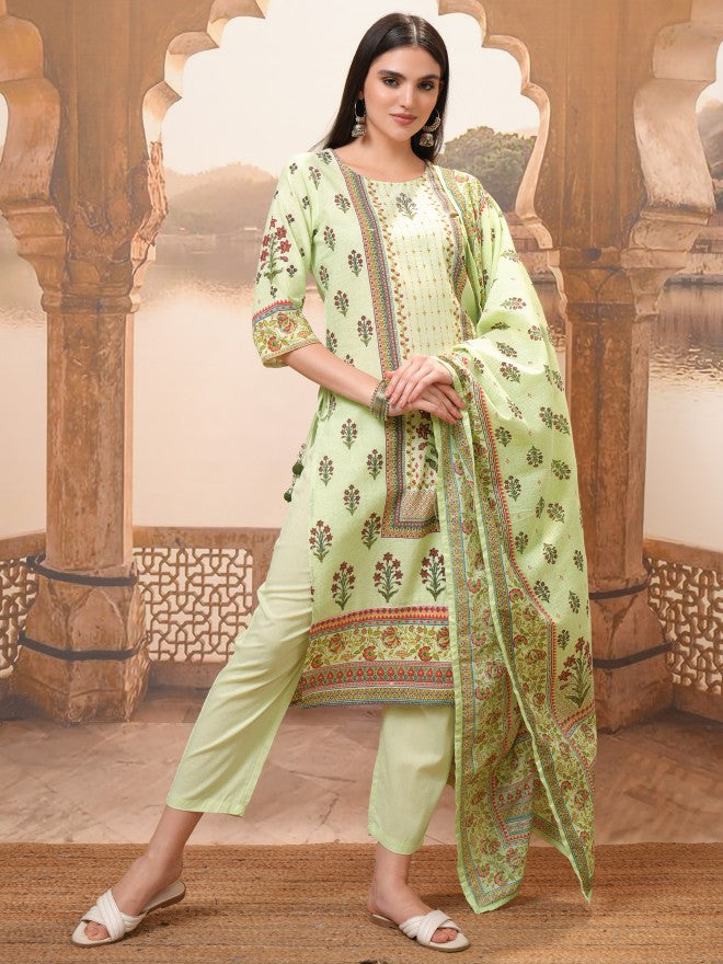 Vishudh Women Green Printed Kurta With Trouser And Dupatta - Green - Image 1
