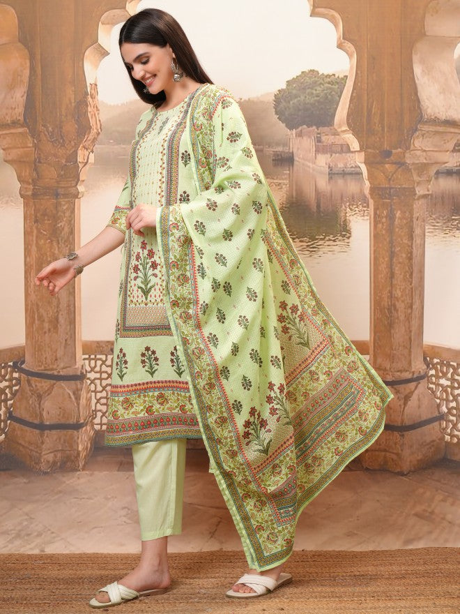 Vishudh Women Green Printed Kurta With Trouser And Dupatta - Green - Image 2