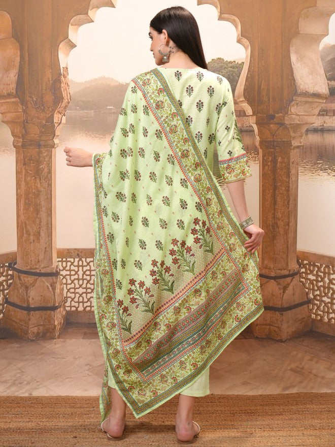 Vishudh Women Green Printed Kurta With Trouser And Dupatta - Green - Image 3