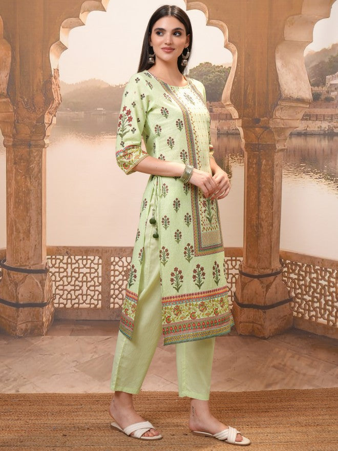 Vishudh Women Green Printed Kurta With Trouser And Dupatta - Green - Image 4