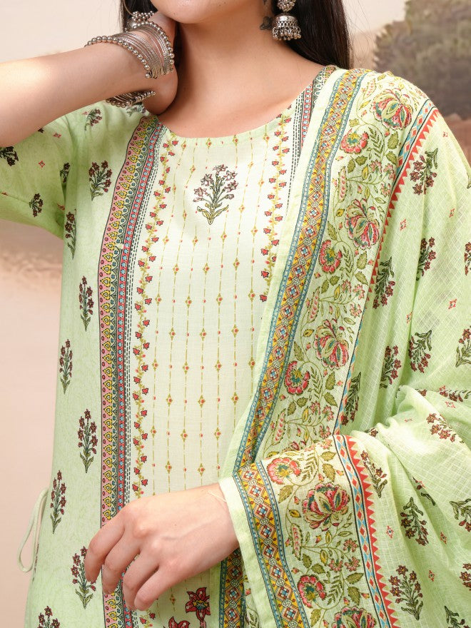 Vishudh Women Green Printed Kurta With Trouser And Dupatta - Green - Image 5