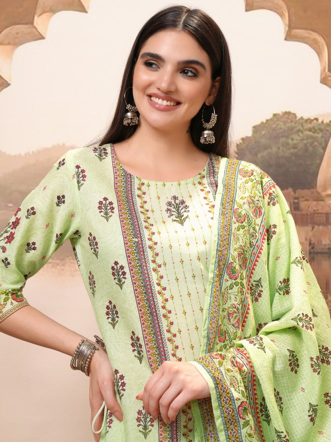 Vishudh Women Green Printed Kurta With Trouser And Dupatta - Green - Image 8