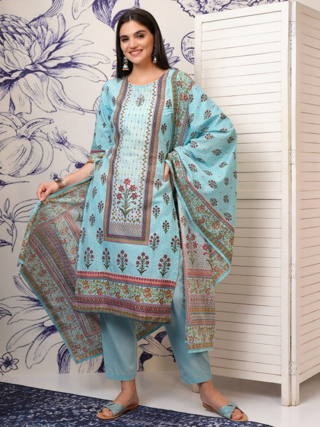 Vishudh Women Blue Printed Kurta With Trouser And Dupatta - Blue - Image 1