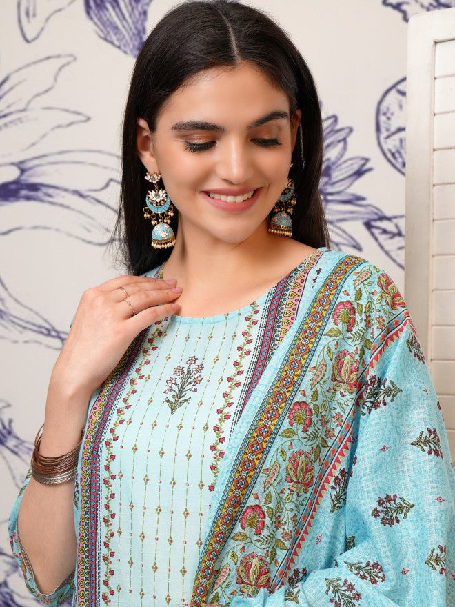 Vishudh Women Blue Printed Kurta With Trouser And Dupatta - Blue - Image 2