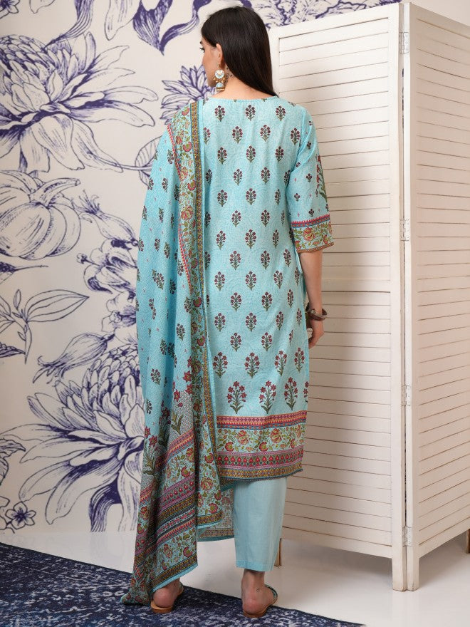 Vishudh Women Blue Printed Kurta With Trouser And Dupatta - Blue - Image 3