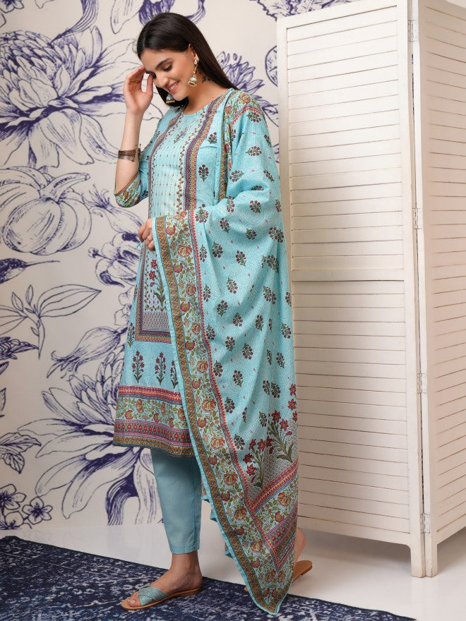 Vishudh Women Blue Printed Kurta With Trouser And Dupatta - Blue - Image 4