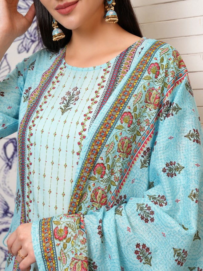 Vishudh Women Blue Printed Kurta With Trouser And Dupatta - Blue - Image 5