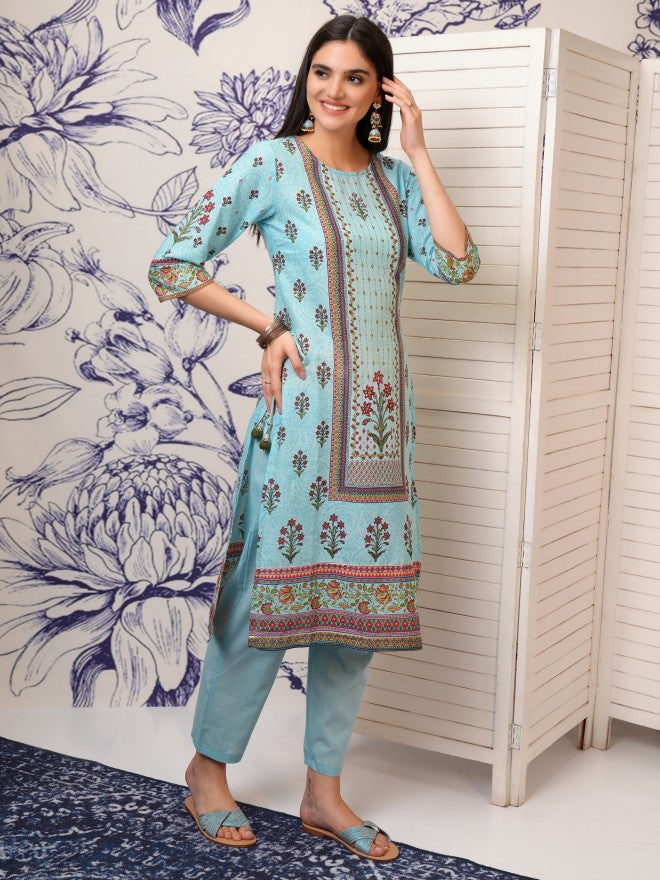 Vishudh Women Blue Printed Kurta With Trouser And Dupatta - Blue - Image 6