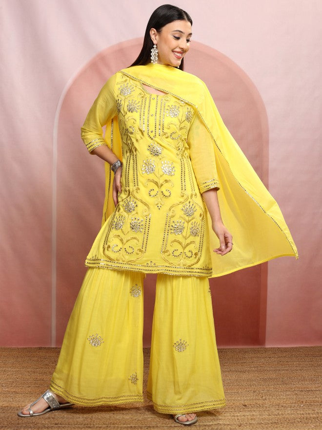 Vishudh Women Yellow Embroidered Kurta With Sharara And Dupatta - Yellow - Image 2