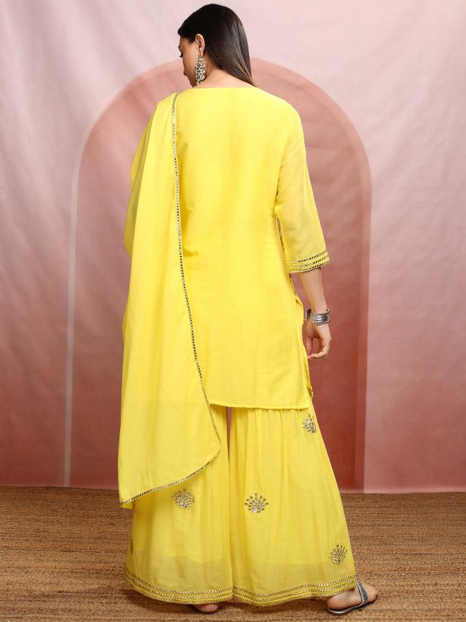 Vishudh Women Yellow Embroidered Kurta With Sharara And Dupatta - Yellow - Image 3