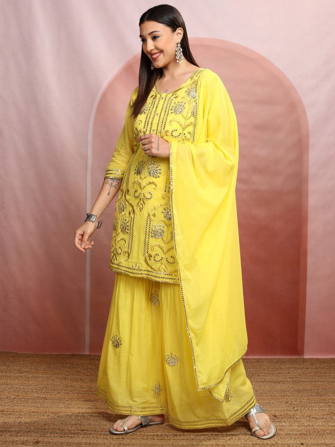 Vishudh Women Yellow Embroidered Kurta With Sharara And Dupatta - Yellow - Image 4