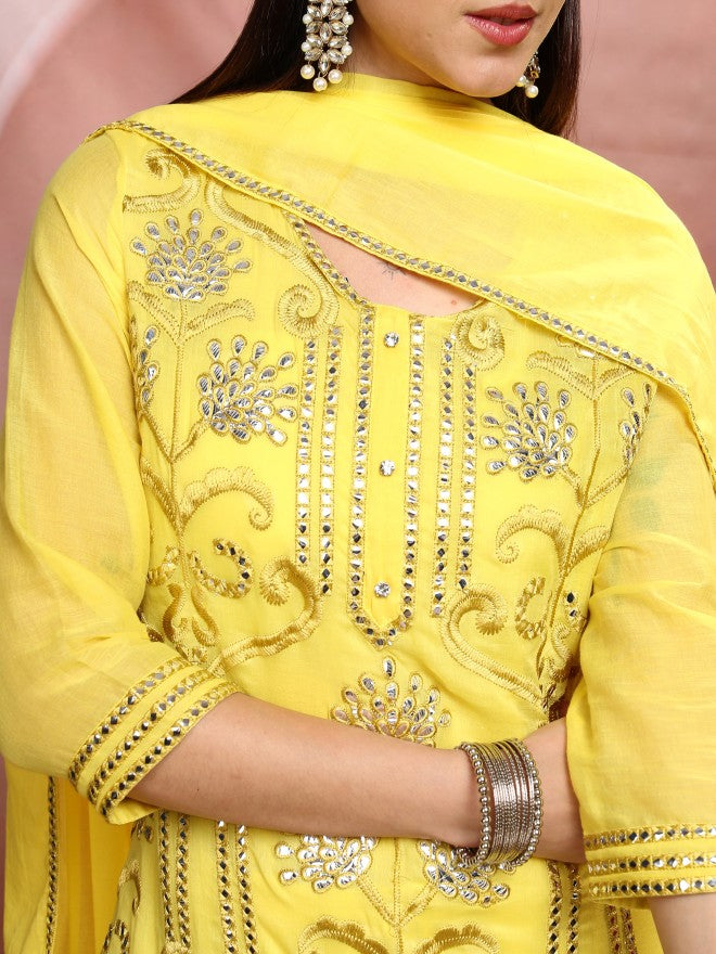 Vishudh Women Yellow Embroidered Kurta With Sharara And Dupatta - Yellow - Image 5