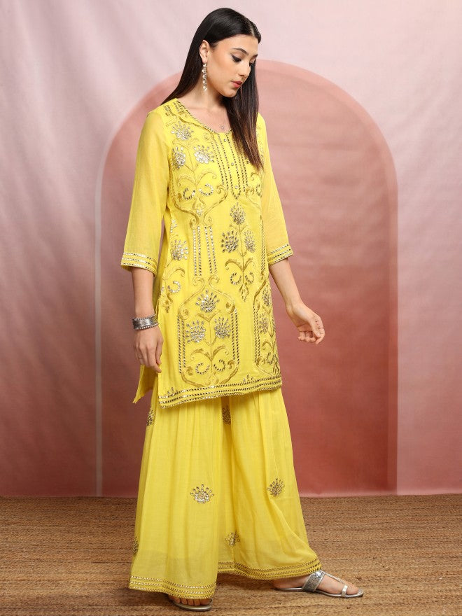 Vishudh Women Yellow Embroidered Kurta With Sharara And Dupatta - Yellow - Image 6
