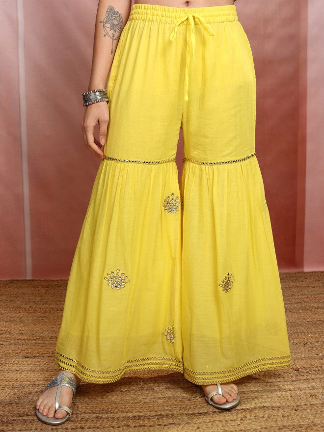 Vishudh Women Yellow Embroidered Kurta With Sharara And Dupatta - Yellow - Image 8