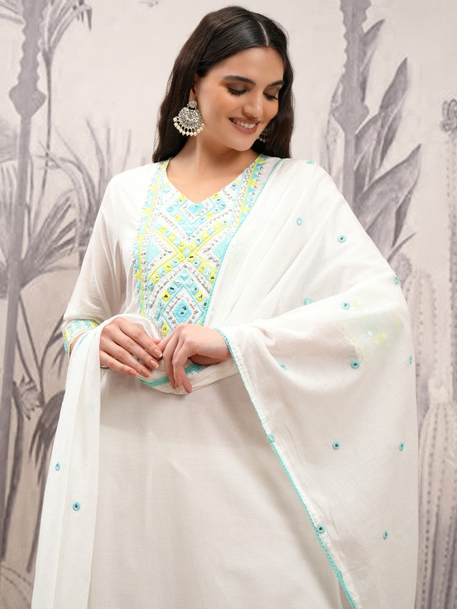 Vishudh Women White Embroidered Kurta With Trouser And Dupatta - White - Image 1