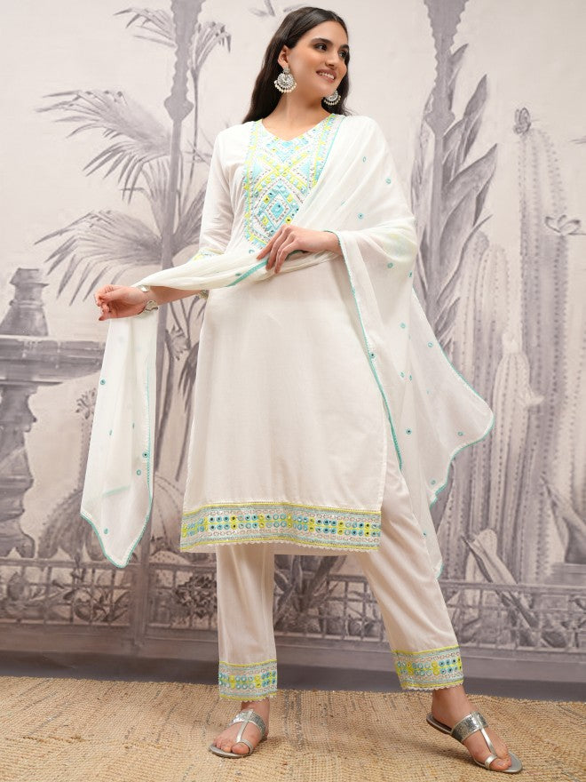 Vishudh Women White Embroidered Kurta With Trouser And Dupatta - White - Image 2
