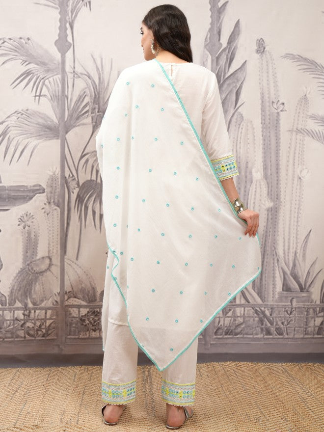 Vishudh Women White Embroidered Kurta With Trouser And Dupatta - White - Image 3