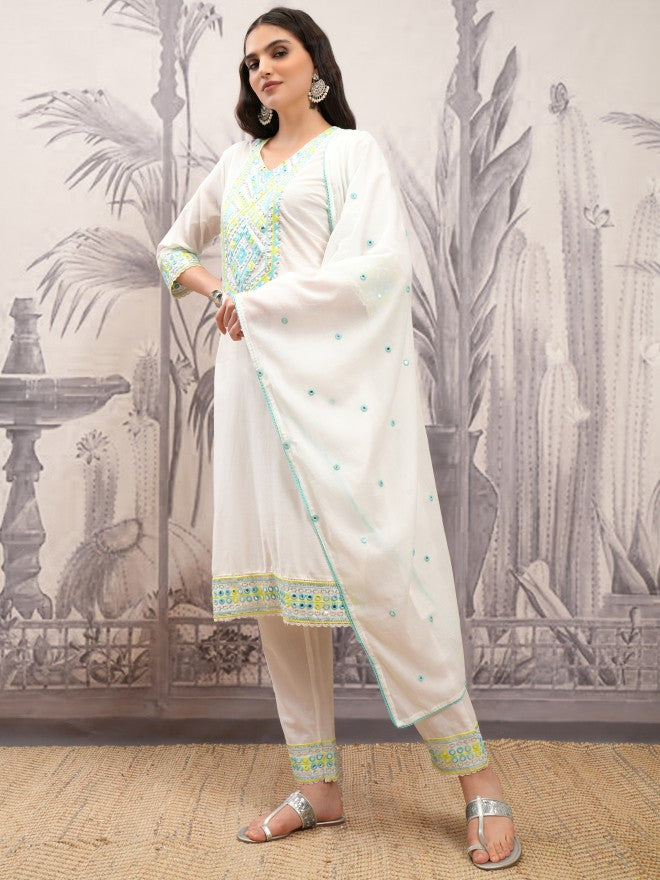 Vishudh Women White Embroidered Kurta With Trouser And Dupatta - White - Image 4