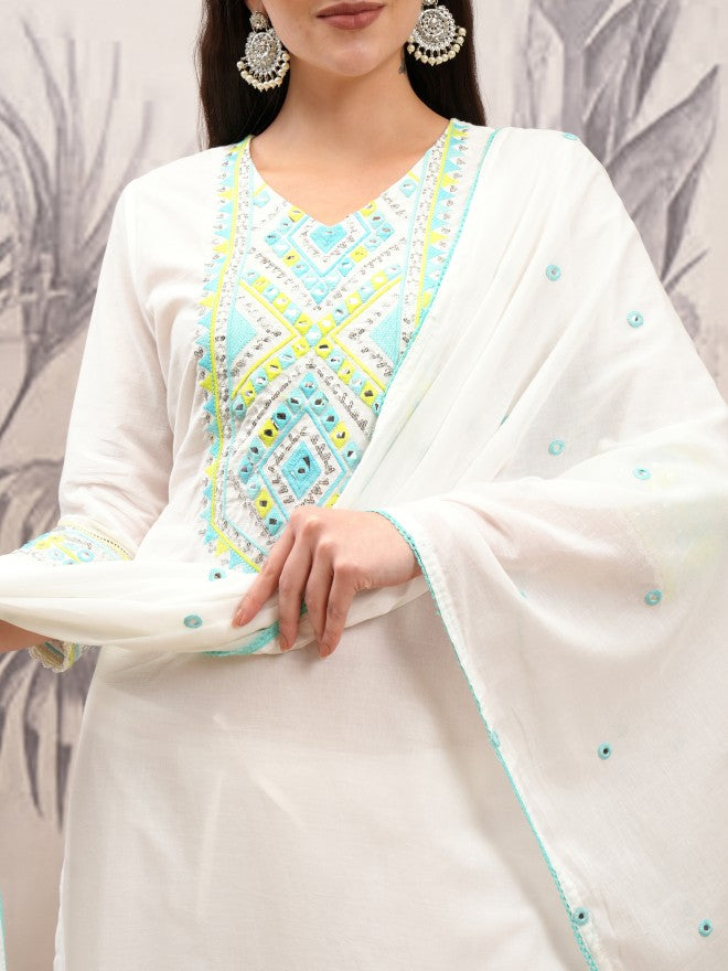 Vishudh Women White Embroidered Kurta With Trouser And Dupatta - White - Image 5