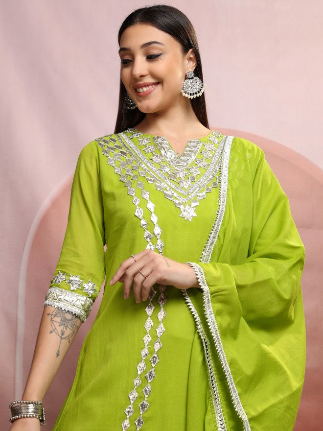 Vishudh Women Green Embroidered Kurta With Trouser And Dupatta - Green - Image 1
