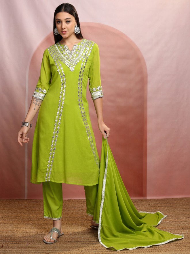 Vishudh Women Green Embroidered Kurta With Trouser And Dupatta - Green - Image 2
