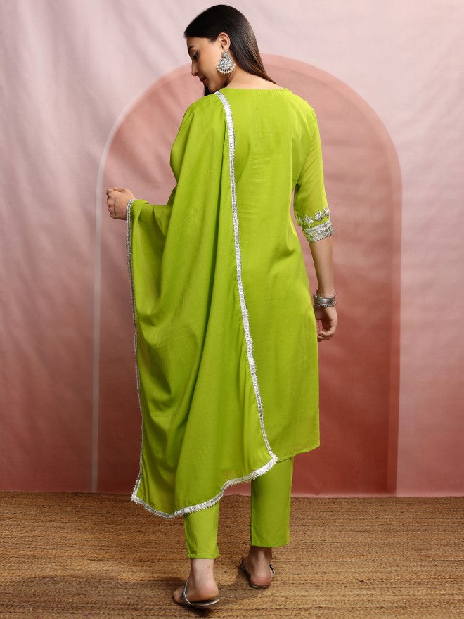 Vishudh Women Green Embroidered Kurta With Trouser And Dupatta - Green - Image 3