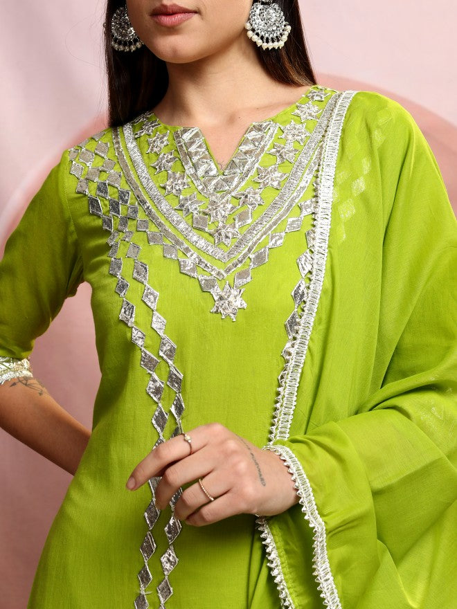 Vishudh Women Green Embroidered Kurta With Trouser And Dupatta - Green - Image 5