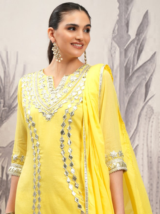 Vishudh Women Yellow Embroidered Kurta With Trouser And Dupatta - Yellow - Image 1