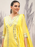 Vishudh Women Yellow Embroidered Kurta With Trouser And Dupatta - Yellow - Image 1
