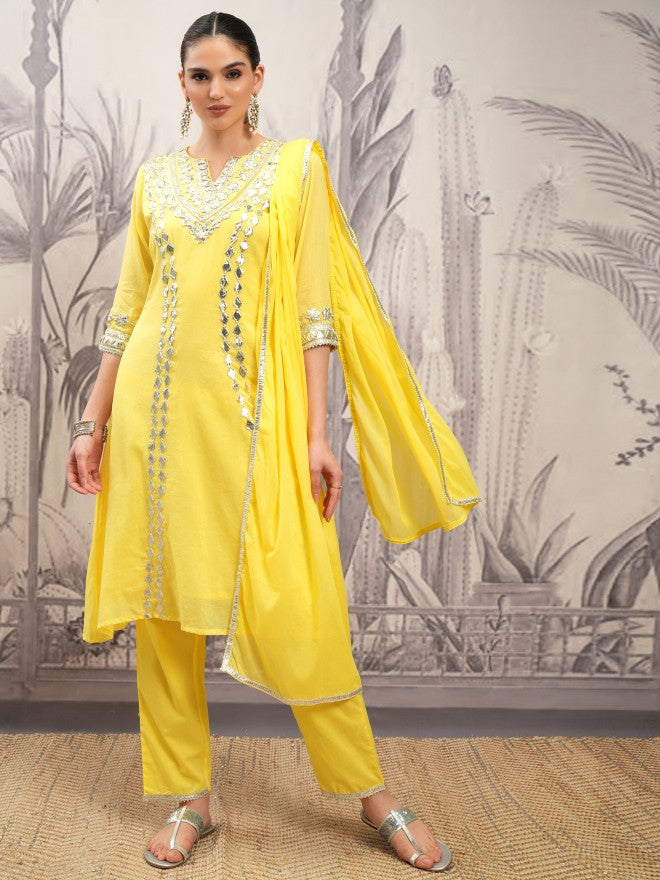 Vishudh Women Yellow Embroidered Kurta With Trouser And Dupatta - Yellow - Image 2