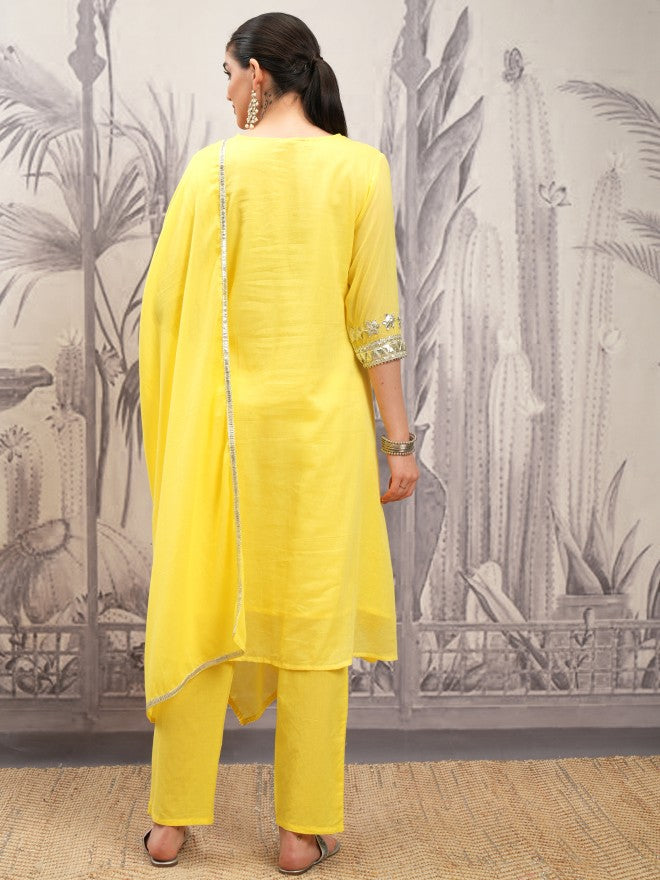 Vishudh Women Yellow Embroidered Kurta With Trouser And Dupatta - Yellow - Image 3