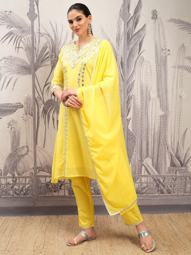Vishudh Women Yellow Embroidered Kurta With Trouser And Dupatta - Yellow - Image 4