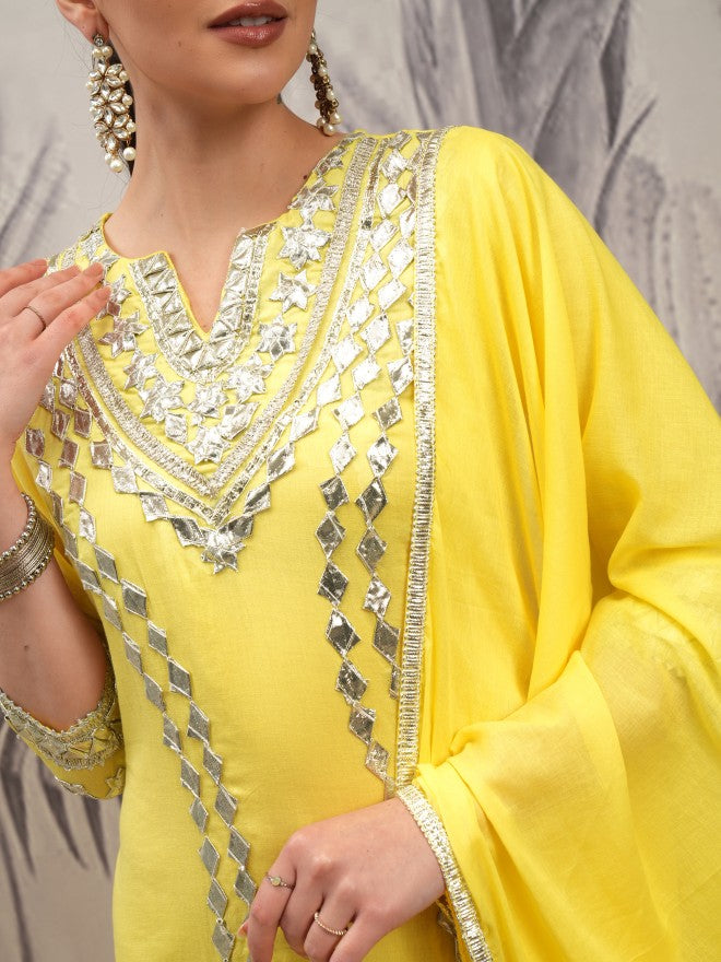 Vishudh Women Yellow Embroidered Kurta With Trouser And Dupatta - Yellow - Image 5