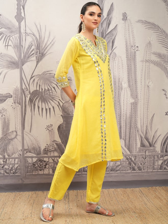 Vishudh Women Yellow Embroidered Kurta With Trouser And Dupatta - Yellow - Image 6