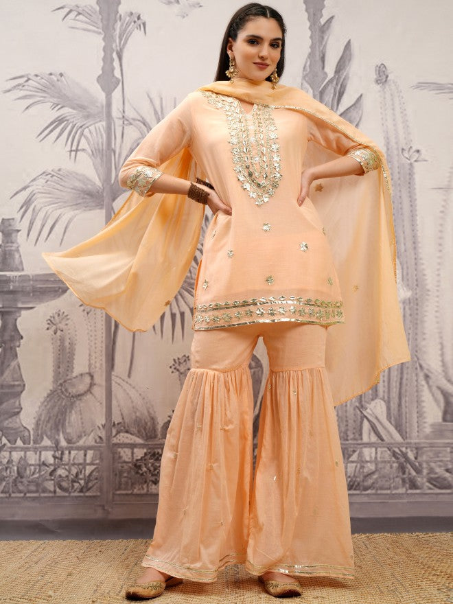 Vishudh Women Pink Embroidered Kurta With Sharara And Dupatta - Orange - Image 2