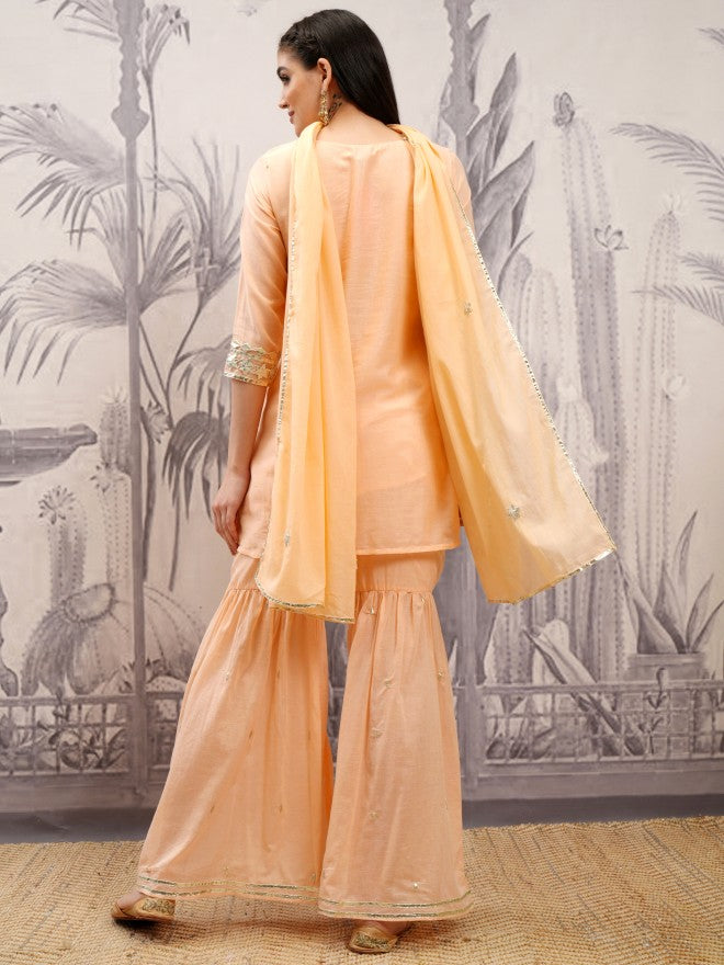 Vishudh Women Pink Embroidered Kurta With Sharara And Dupatta - Orange - Image 3