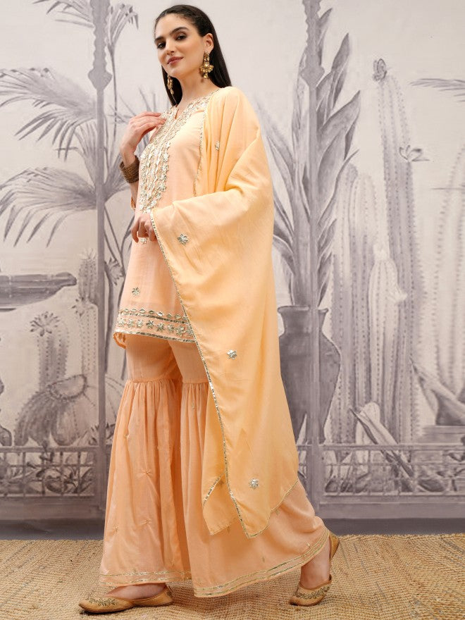 Vishudh Women Pink Embroidered Kurta With Sharara And Dupatta - Orange - Image 4