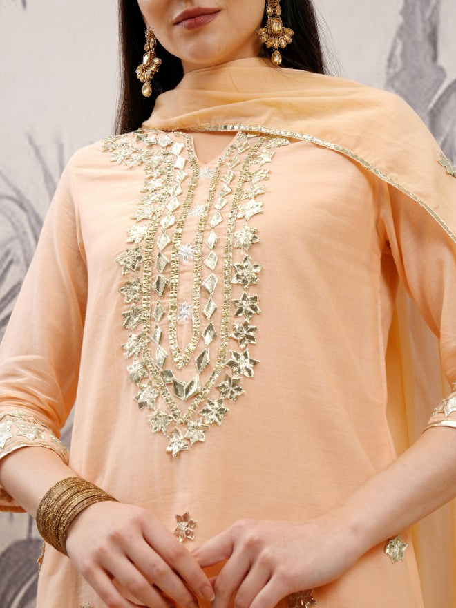 Vishudh Women Pink Embroidered Kurta With Sharara And Dupatta - Orange - Image 5
