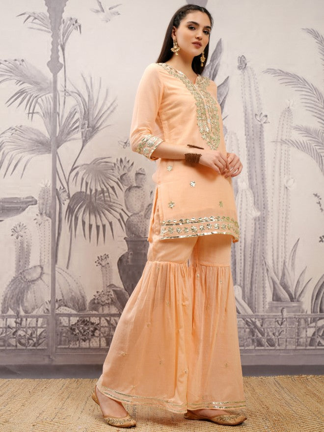 Vishudh Women Pink Embroidered Kurta With Sharara And Dupatta - Orange - Image 6