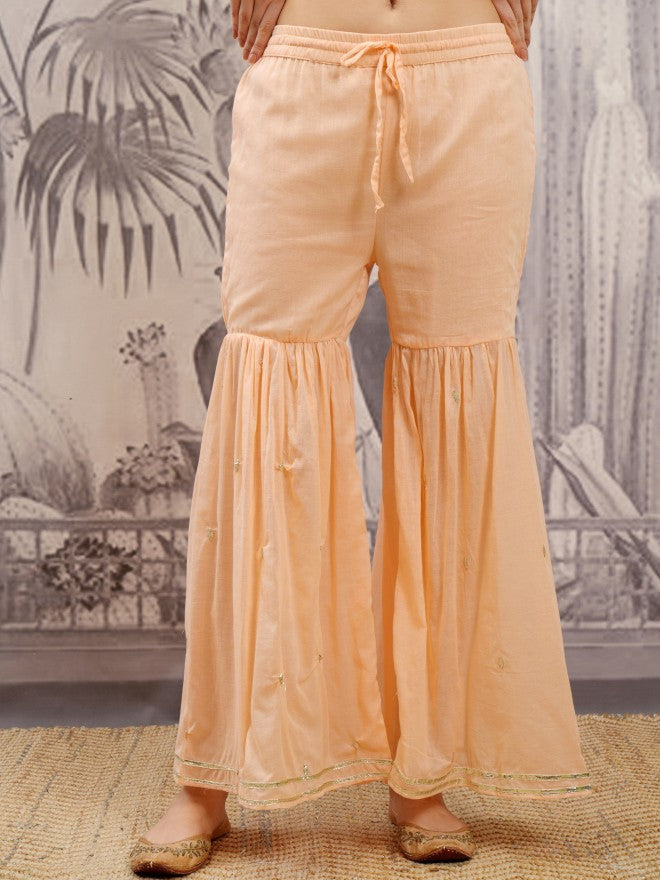 Vishudh Women Pink Embroidered Kurta With Sharara And Dupatta - Orange - Image 7