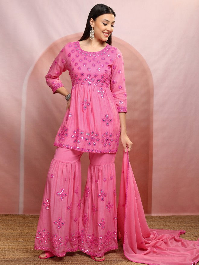 Vishudh Women Coral Embroidered Kurta With Sharara And Dupatta - Pink - Image 2