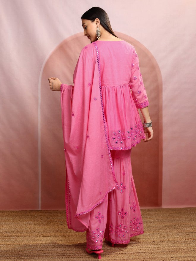 Vishudh Women Coral Embroidered Kurta With Sharara And Dupatta - Pink - Image 3