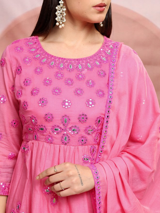 Vishudh Women Coral Embroidered Kurta With Sharara And Dupatta - Pink - Image 5