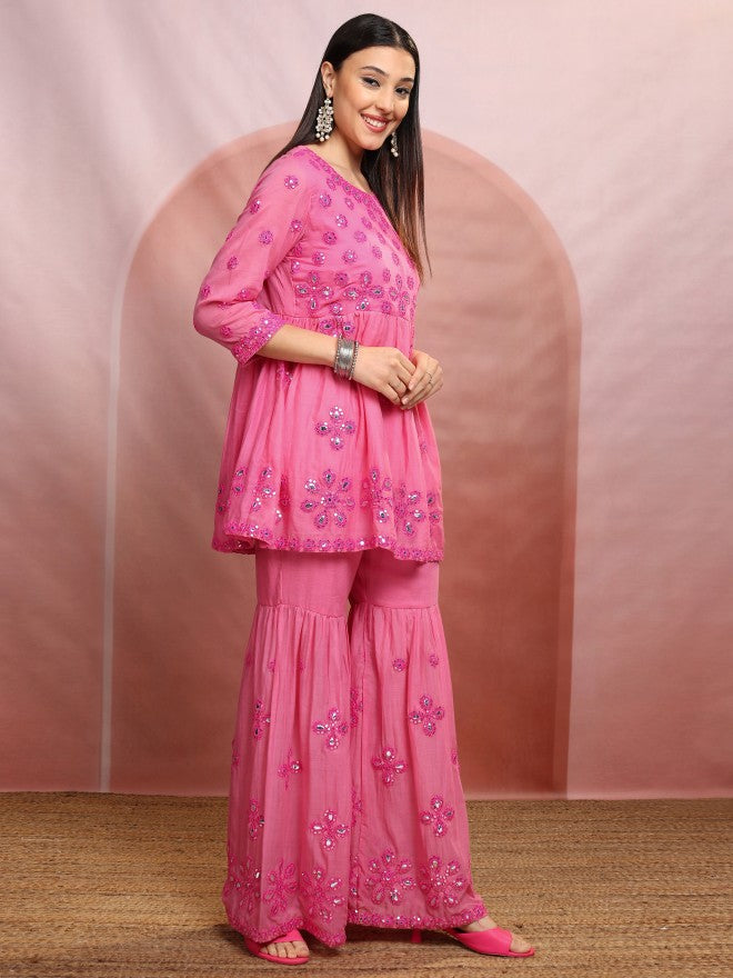 Vishudh Women Coral Embroidered Kurta With Sharara And Dupatta - Pink - Image 6