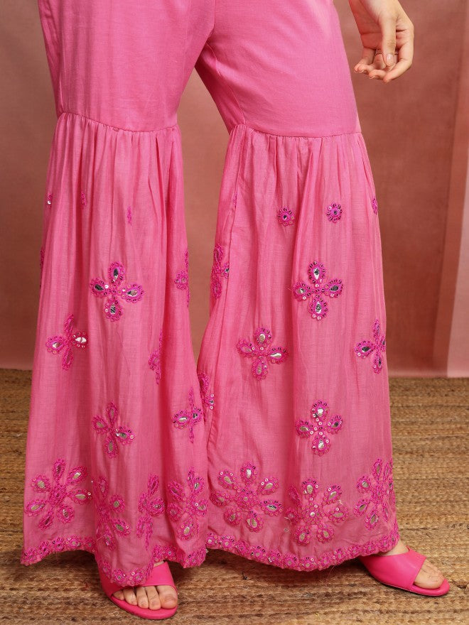 Vishudh Women Coral Embroidered Kurta With Sharara And Dupatta - Pink - Image 7