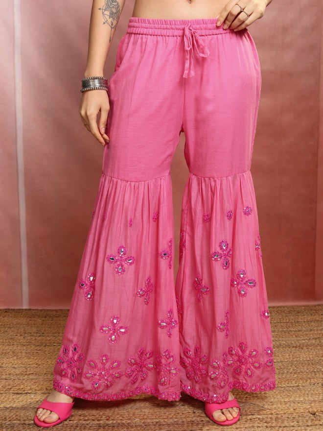 Vishudh Women Coral Embroidered Kurta With Sharara And Dupatta - Pink - Image 8