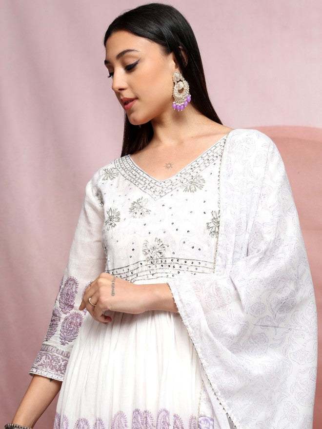 Vishudh Women White Embroidered Kurta With Trouser And Dupatta - White - Image 1