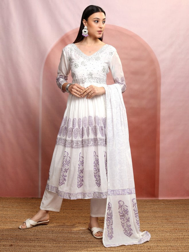 Vishudh Women White Embroidered Kurta With Trouser And Dupatta - White - Image 2