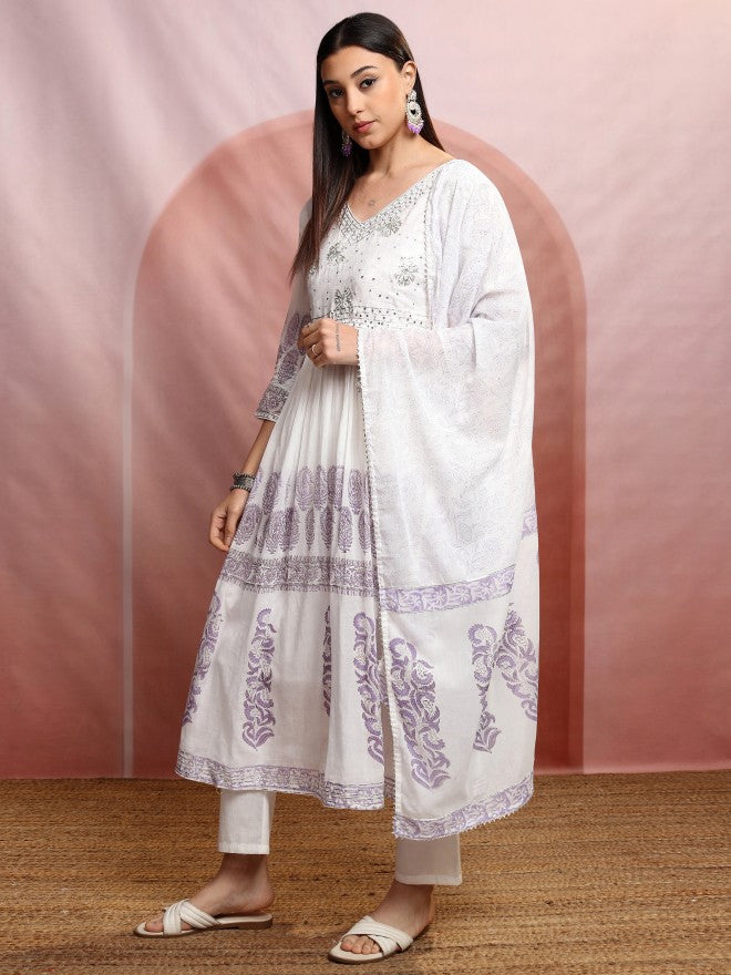 Vishudh Women White Embroidered Kurta With Trouser And Dupatta - White - Image 4