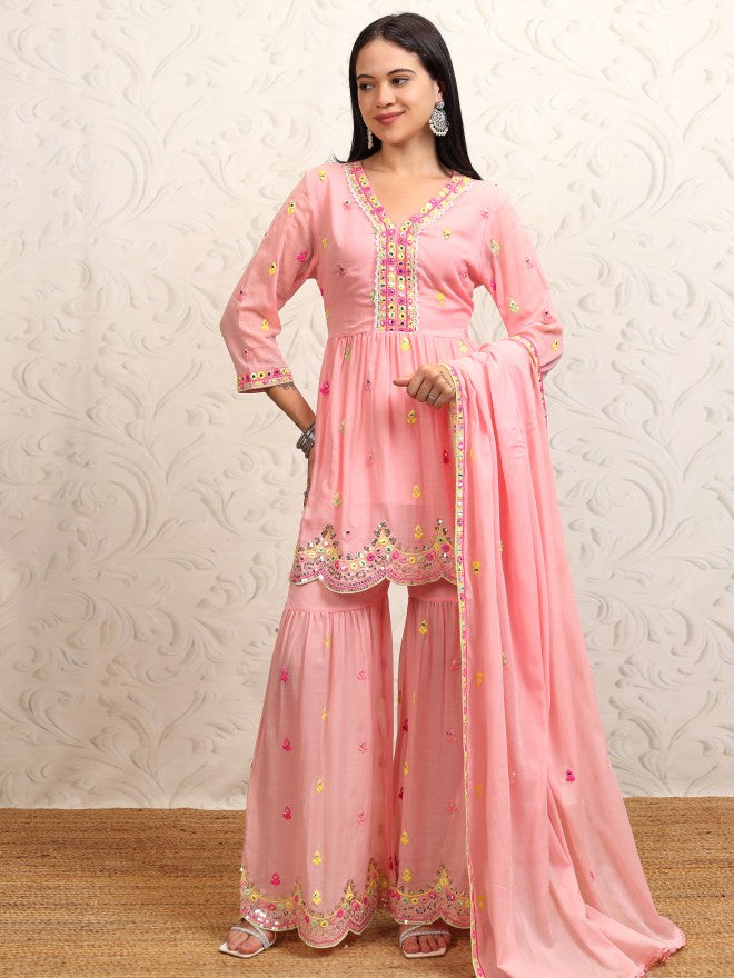 Vishudh Women Peach Embroidered Kurta With Sharara And Dupatta - Peach - Image 2